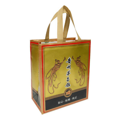 Bolsas de asas para envolver regalos con logotipo impreso personalizado a prueba de agua Bolsa para botella de vino con asa troquelada